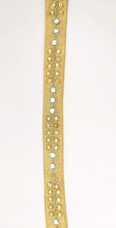 Beige Art Silk Trim With Kundan Stones, Beads And Mirrors Embellishments, Approx. 22mm